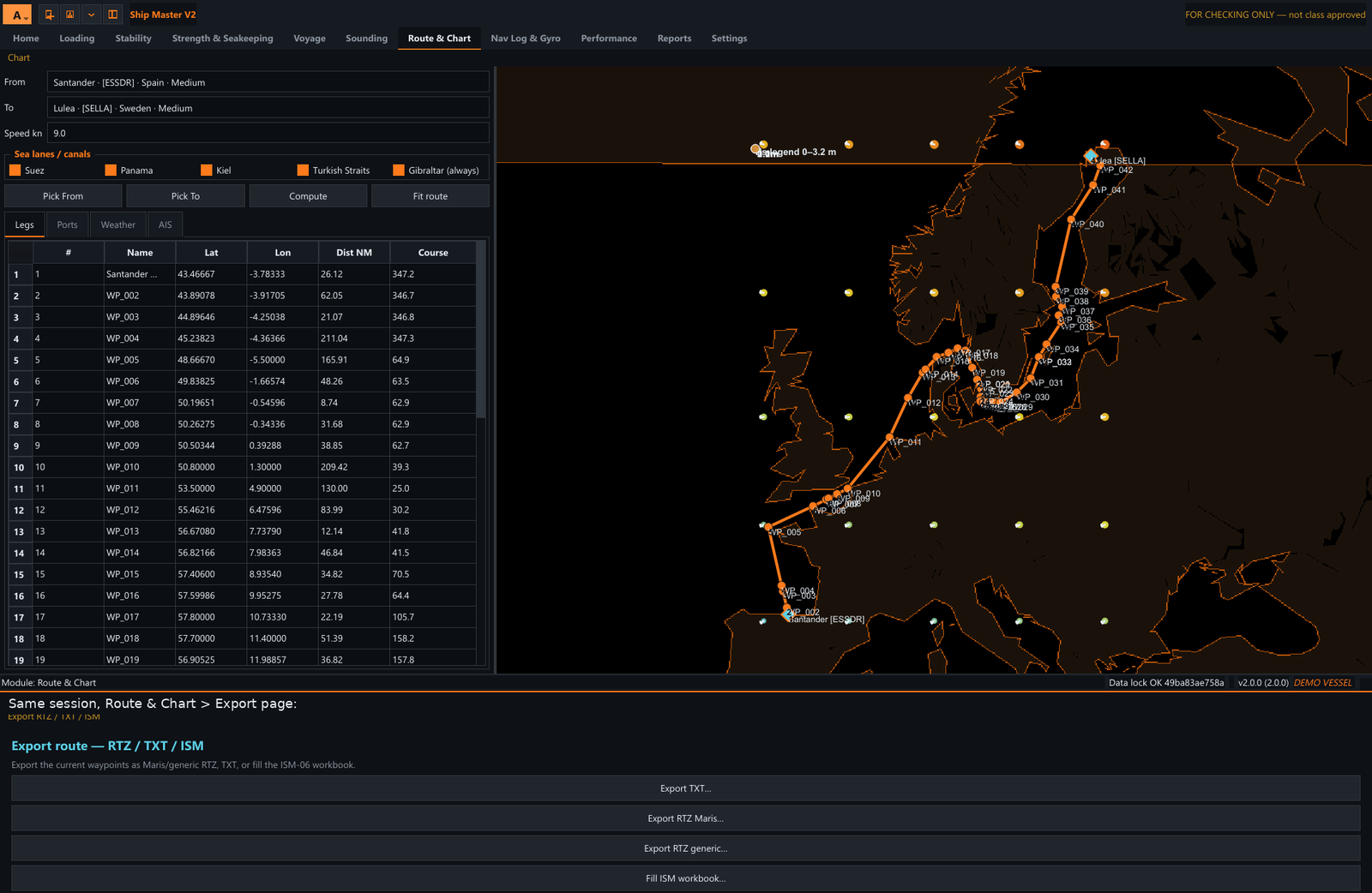 Ship Master voyage plan demo route Santander to Luleå